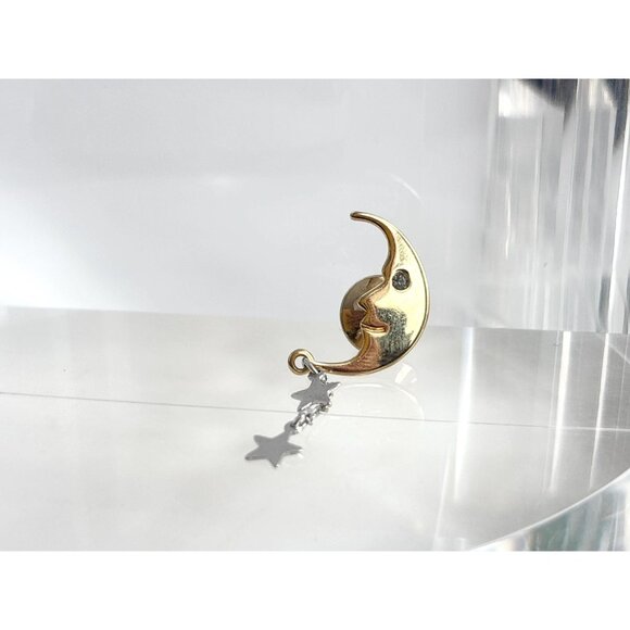 Crescent Moon & Stars Charmed Gold Toned Vintage Costume Jewelry Brooch - Picture 3 of 9